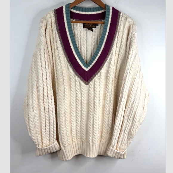 VTG Eddie Bauer Cable Knit Cricket Sweater L Cream V Neck Chunky Tennis Cottage - Picture 1 of 9